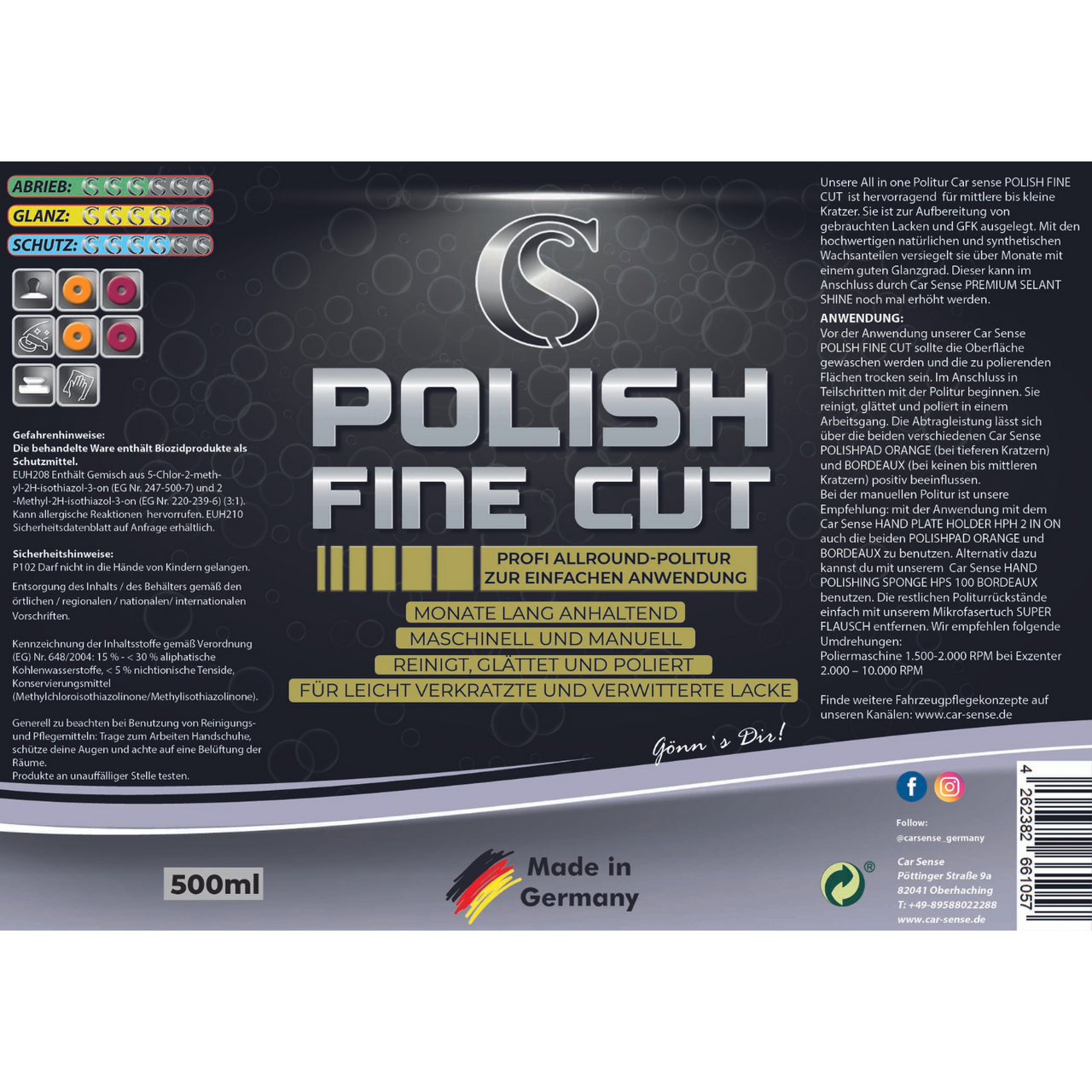 Car Sense Polish Fine Cut All-in-One Politur mit Schleifkörnern auf Aluminiumoxid-Basis und Wachs | Reinigt, glättet und poliert in einem Arbeitsgang | Für gebrauchten Fahrzeuglack