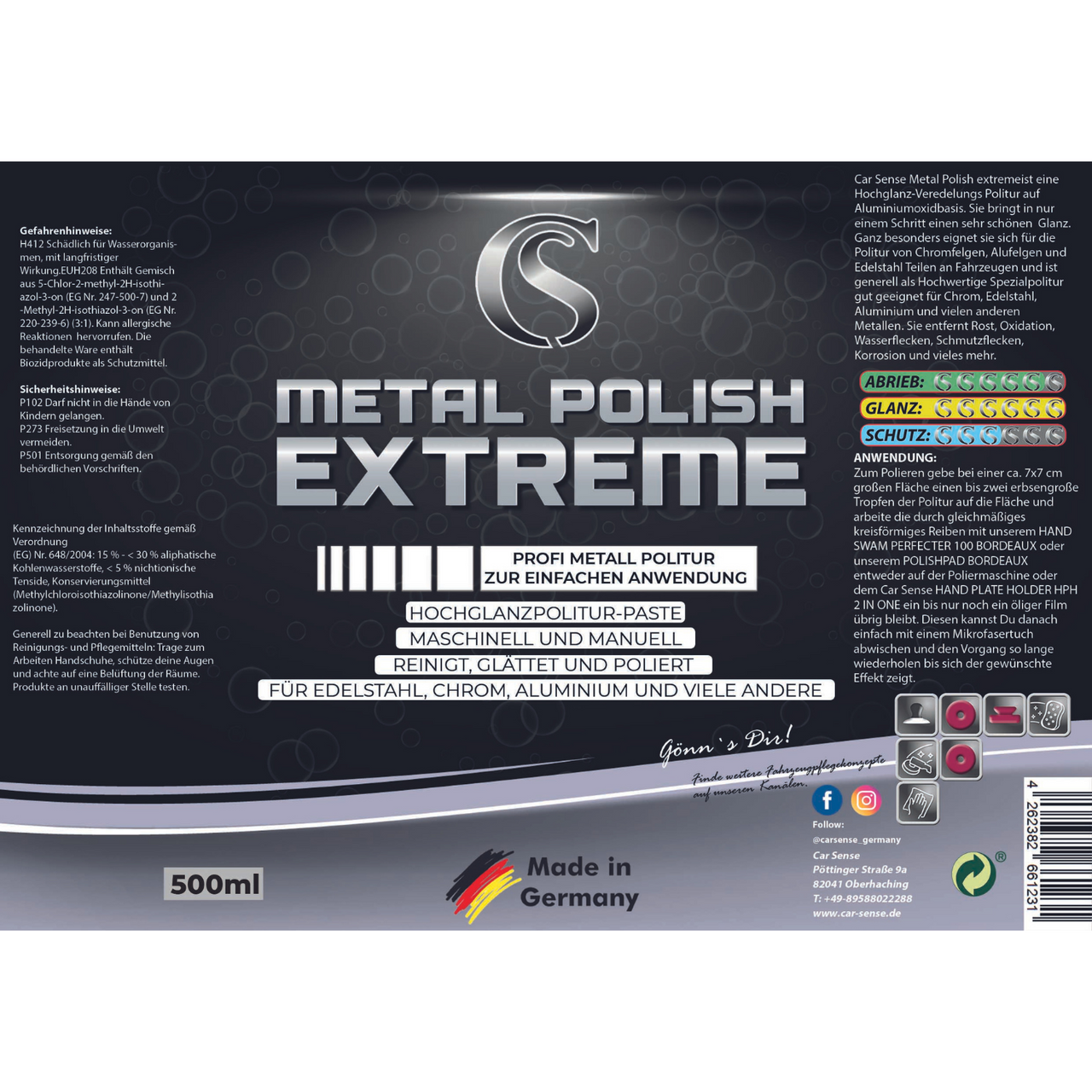 Car Sense Metal Polish ist eine Hochglanz-Veredelungs Politur auf Aluminiumoxidbasis
