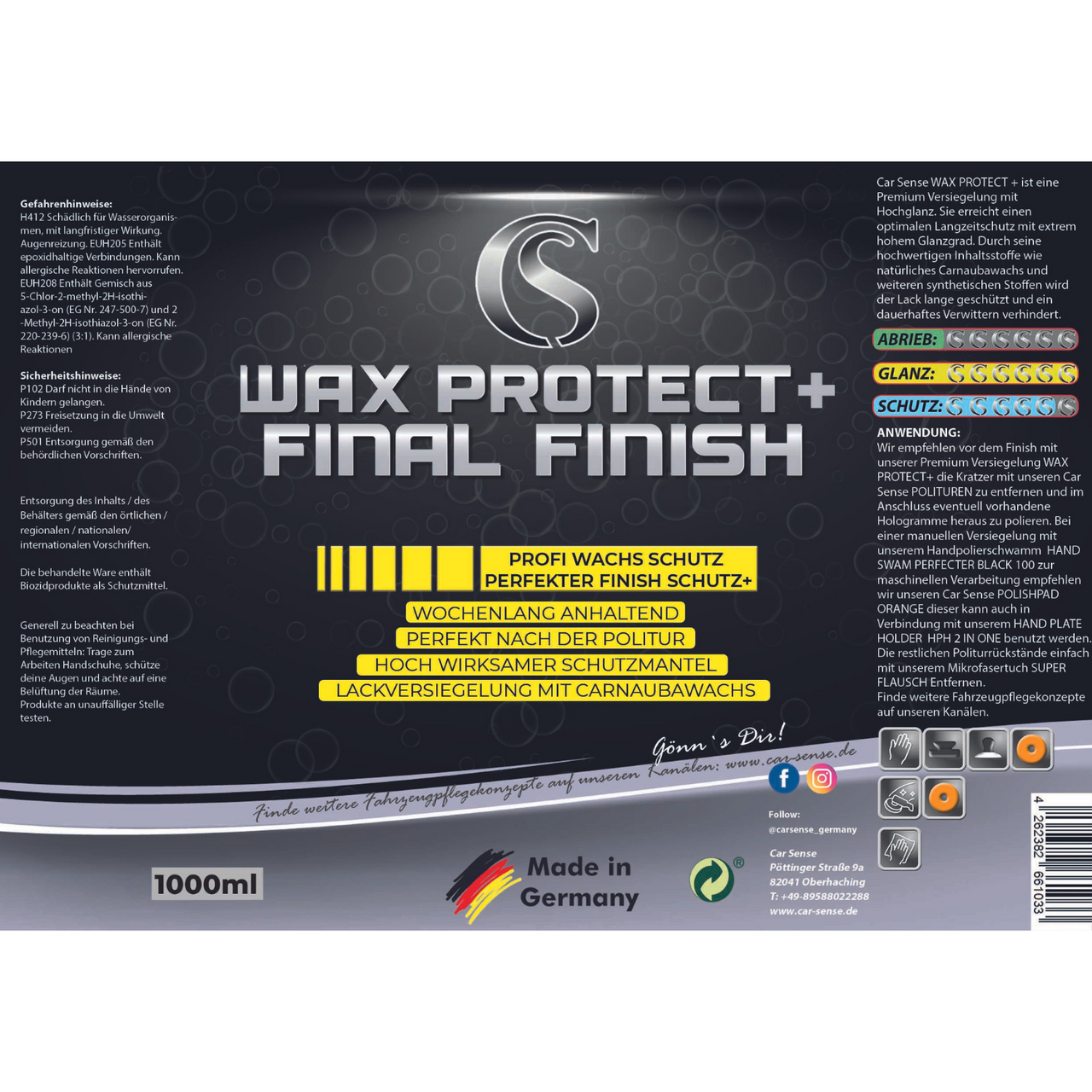 Car Sense Final Finish Wax Protect + Premium Versiegelung mit Hochglanz für Langzeitschutz und brillanten Glanzgrad