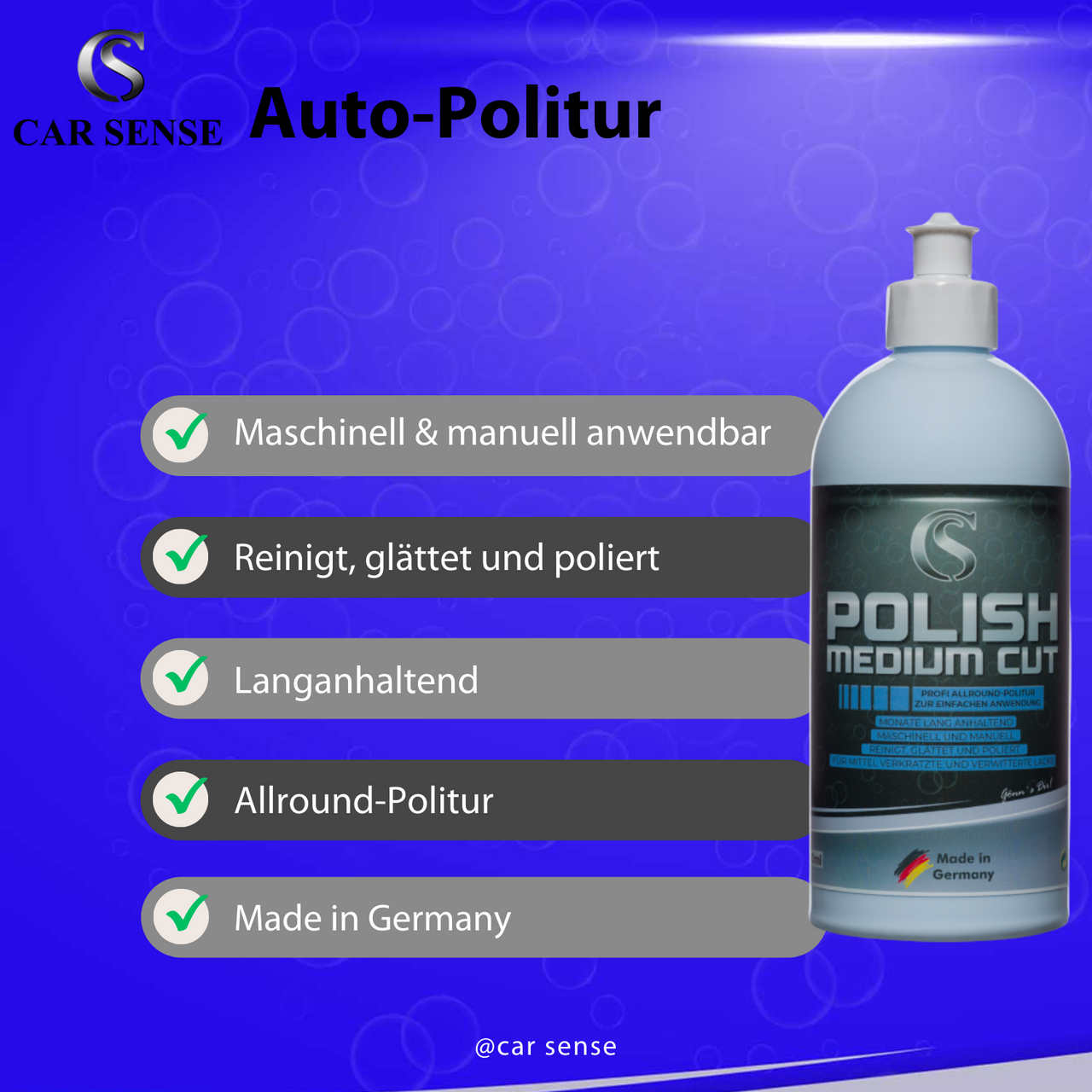 Car Sense Polish Medium Cut Hochwertige 1-Step Politur und Schleifpaste | Entfernt mittlere Kratzer und Hologramme | Hohe Abtragung und langanhaltender Glanz | Für alle Lackarten geeignet