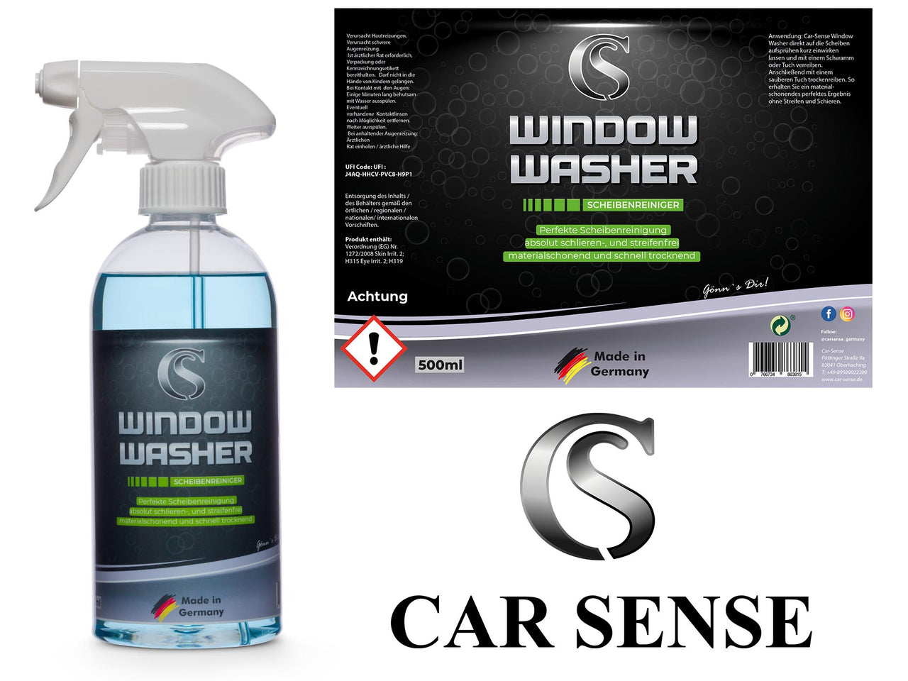 Car Sense Window Washer Autoglasreiniger 0,5 L Fensterreiniger I Autopflege  Reinigung von Fahrzeugscheiben innen und außen I streifenfrei für den