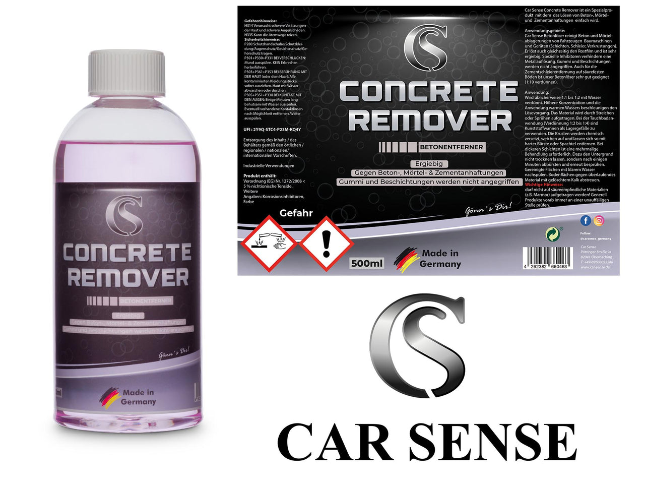 Car Sense Concrete Remover 0,5 L ist ein Spezialprodukt mit dem das Lösen von Beton-, Mörtel- und Zementanhaftungen einfach wird.