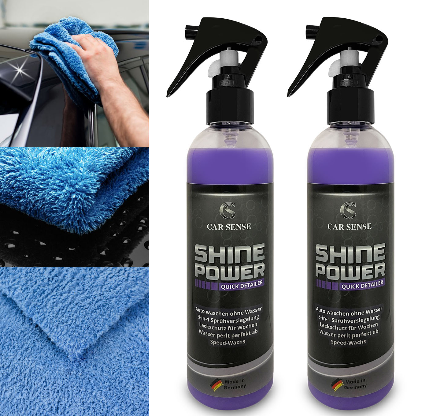 Car Sense Set Shine Power 2X 0,25L 3 in 1 Autolack-Reiniger 1x Premium Spiegelglanz Auto Poliertuch
