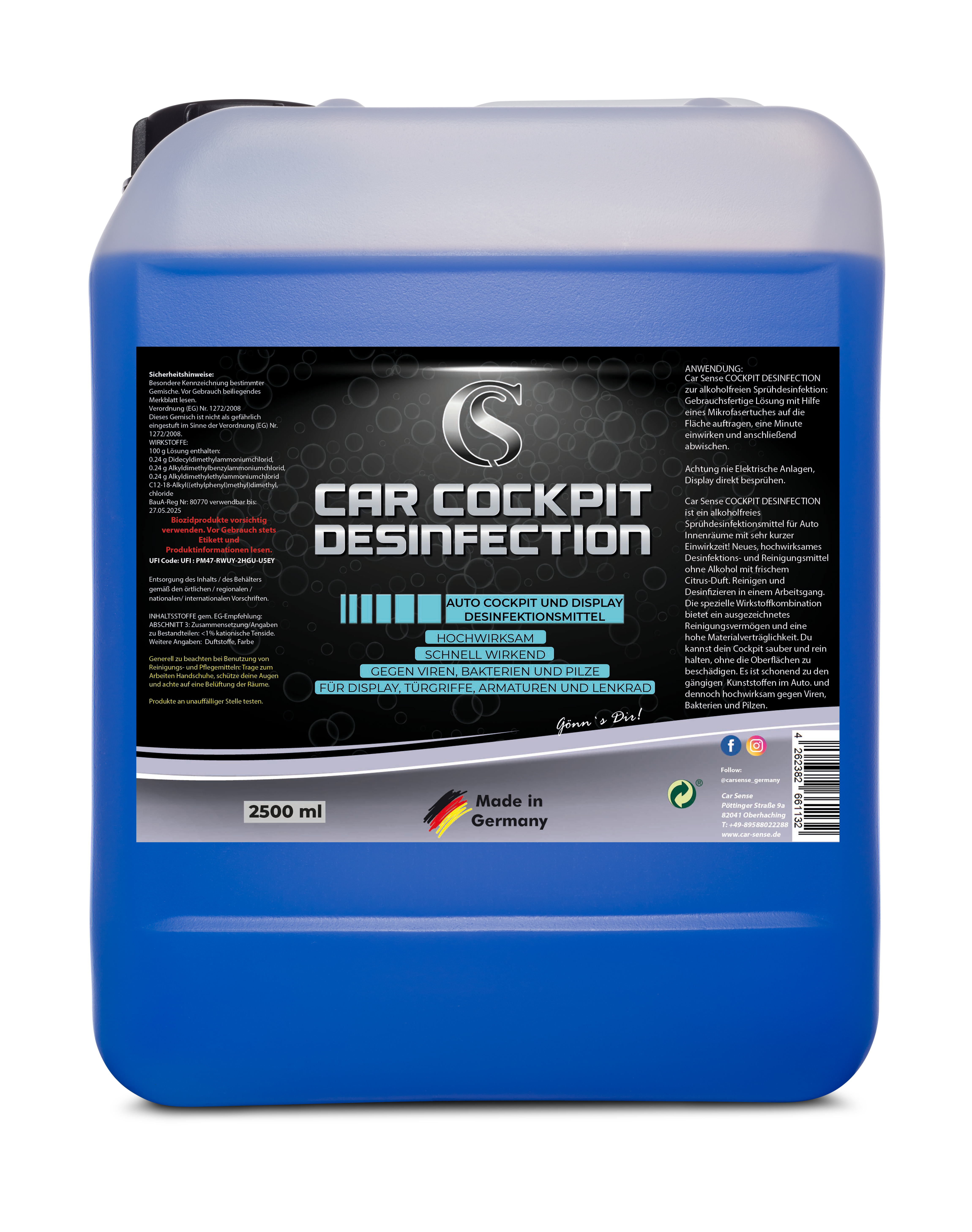 Car Sense Car Cockpit Desinfection speziell für Display & Cockpit, Auto Innenraumreiniger & Desinfektion ohne Alkohol, Autoreiniger Innenraum, Autoreinigung