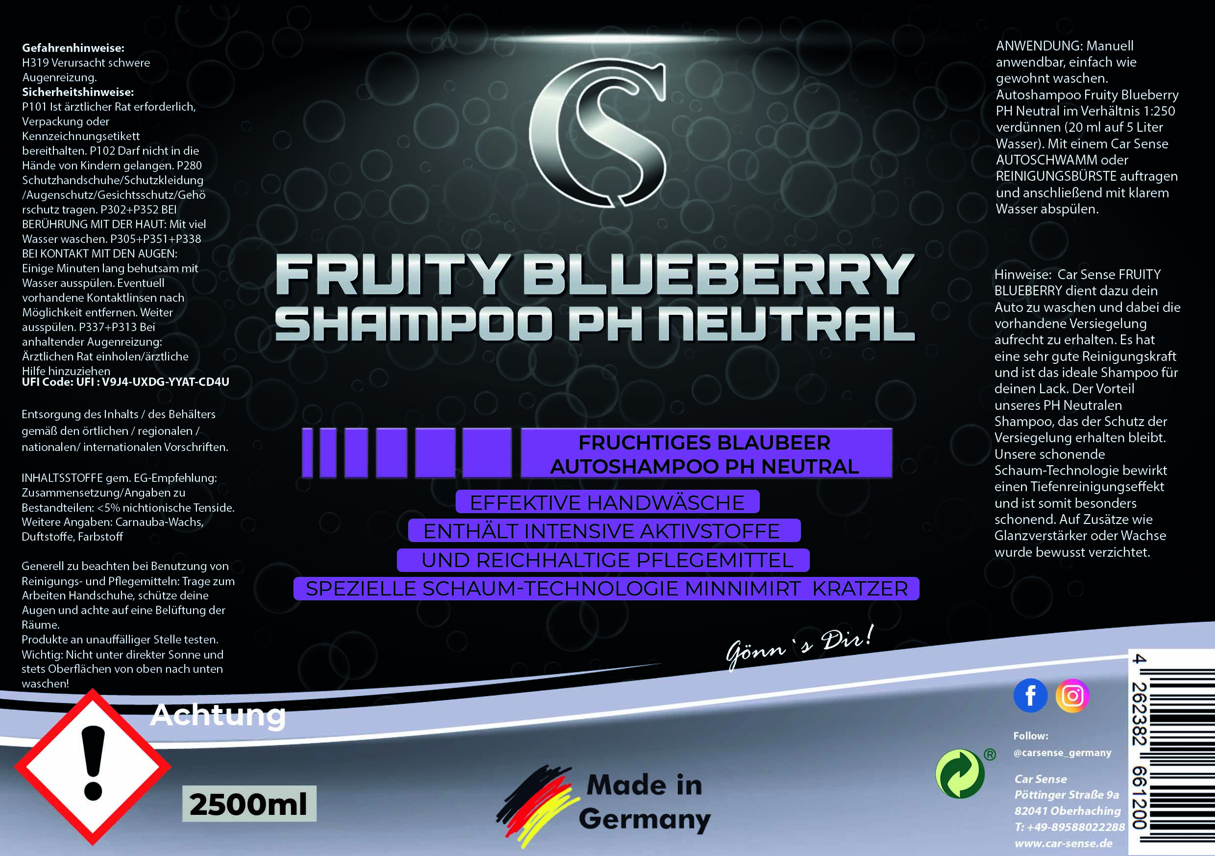 Car Sense Wash & Wax Autoshampoo Blueberry, pH-neutral